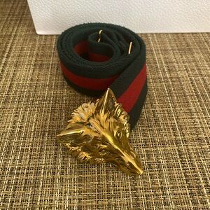 Gucci Green and Red Web Belt with Gold Fox Head Buckle